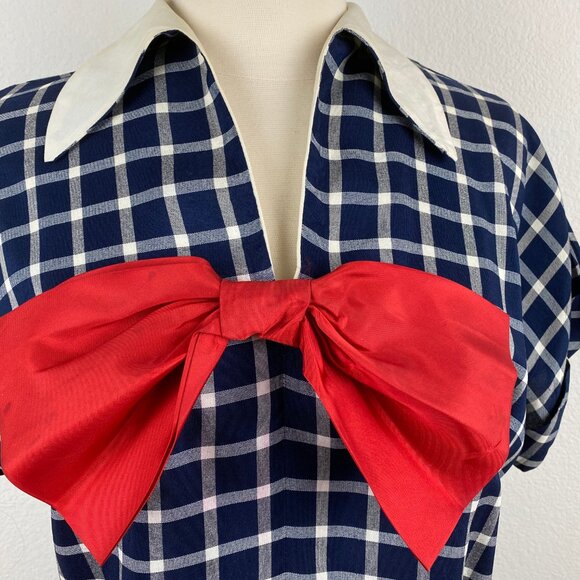 Vintage 60s Two-Piece Dress Straight Skirt Drop Waist Top Medium Blue Check Bow - Picture 3 of 11
